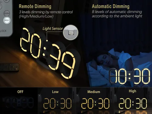 Vista 2 de KOSUMOSU Reloj digital 3D LED de pared, reloj de escritorio de 9.7 pulgadas, reloj LED para sala de estar, dormitorio, control remoto, temperatura