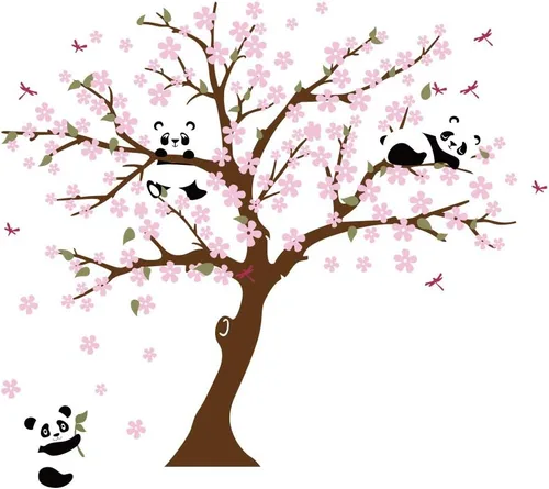 Vista 4 de Runtoo Calcomanía de pared de panda, diseño de flor de cerezo para sala de estar y dormitorio