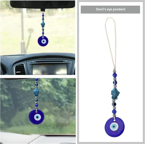 Vista 2 de 3 piezas de adorno colgante de ojo malvado azul hecho a mano con dije de la suerte colgante de pared accesorios para decoración interior de coche