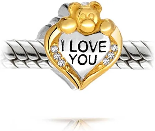Vista 2 de I Love You CZ Accent Red Heart Stuffed Animal Teddy Bear Hug Charm Bead For Women Teen Daughter Gold Plated .925 Sterling Silver Fits European