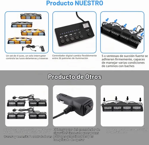 Vista 8 de Wsays 4 piezas, 16 LED, 5,1 cm x 35,6 cm, luz estroboscópica blanca y ámbar para salpicadero con controlador, arnés de cableado y ventosa, barra