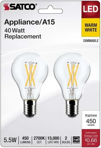 Vista 3 de Satco S21872 - Bombilla LED A15 de 5,5 W, transparente, base intermedia, 2700 K, 450 lúmenes, paquete de 2