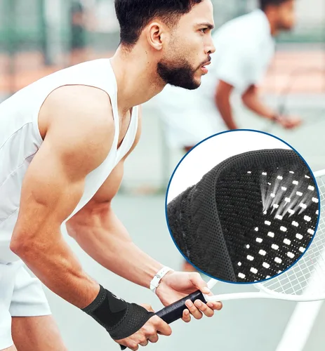 Vista 5 de HiRui Paquete de 2 muñequeras de malla ultrafina, transpirable, ajustable, para entrenamientos y uso diario, muñequeras unisex para aliviar el Negro