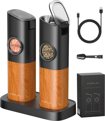 Vista 11 de FORLIM Mini Molinillo Eléctrico de Sal y Pimienta con Base de Madera, Recargable por USB, Pequeño Molinillo Automático de Sal y Pimienta