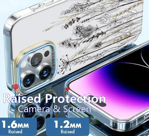 Vista 5 de luolnh Funda compatible con iPhone 15 Pro Max, para mujeres y niñas, a prueba de golpes, con patrón floral transparente, carcasa trasera dura