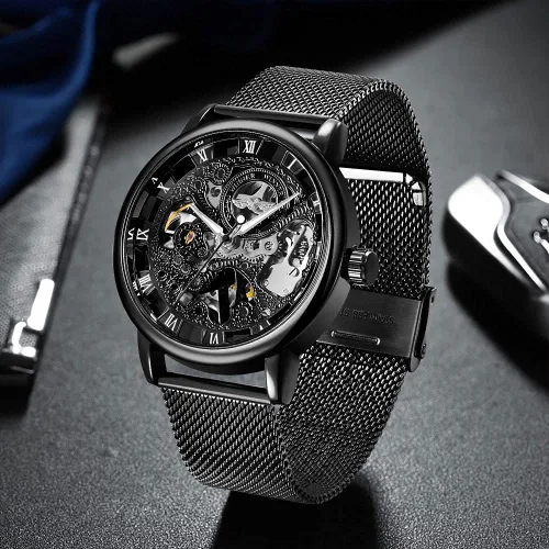 Vista 2 de Reloj de hombre con correa de acero inoxidablecorrea de malla reloj mecánico de esqueleto para hombre