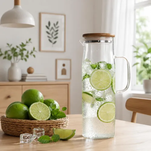 Vista 2 de hjn Jarra de vidrio con tapa, jarra de agua de vidrio con asa, jarra de agua para refrigerador, bebidas frías o calientes, té helado, leche, jugo