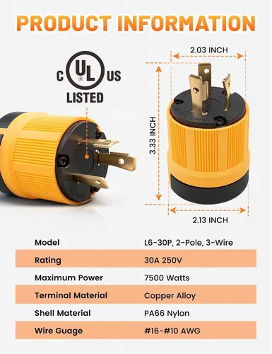 Vista 2 de Conector de enchufe de bloqueo para generador NEMA L6-30P de 30A/250V, enchufe macho de bloqueo giratorio de 3 puntas, conector, 30 amperios, 250