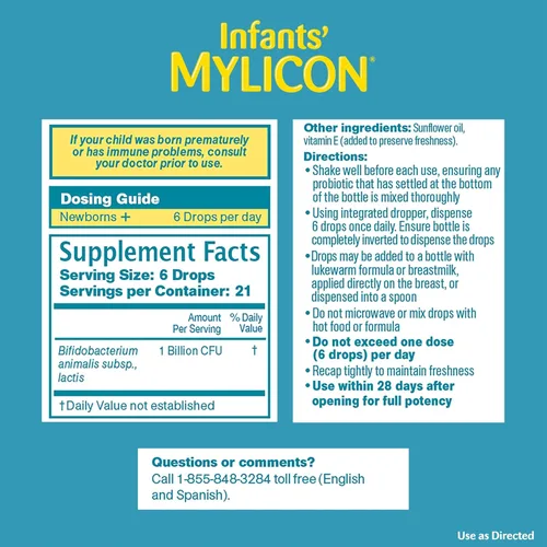 Vista 6 de Gotas probióticas diarias de Mylicon para bebés, para cólicos e intranquilidad, 8mL, 21 dosis diarias