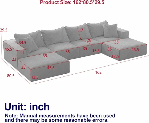 Vista 2 de Sofá modular de gran tamaño de 162 pulgadas, moderno sofá modular tapizado en forma de L de felpilla con 6 almohadas, combinación gratuita de sofá
