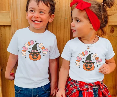 Vista 3 de Wicked - Lindas camisetas retro de Halloween para niños y niñas pequeñas con diseño de cara de calabaza, camiseta de manga corta para otoño