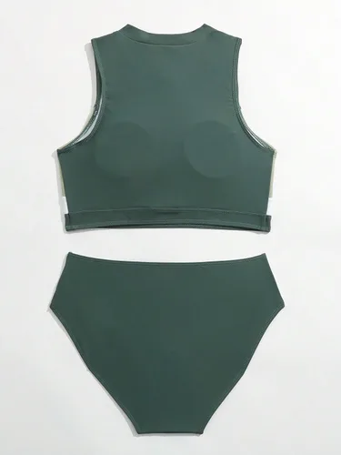 Vista 2 de SOLY HUX Conjunto de bikini con cremallera frontal y bloque de color para niña, traje de baño de 2 piezas