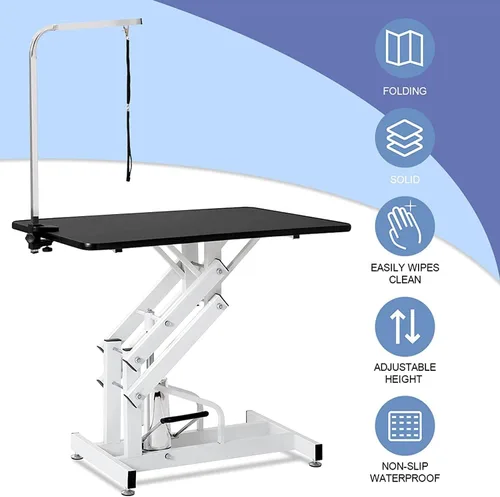 Vista 2 de Mesa hidráulica de aseo para perros pequeños, medianos y grandes, mesa de aseo para mascotas con brazo superior ajustable y soga, altura ajustable