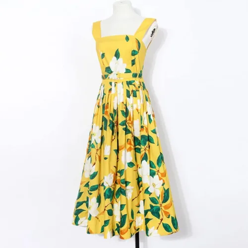 Vista 4 de Elegamt - Vestido largo con estampado floral y flores amarillas, vestido largo midi con cinturón