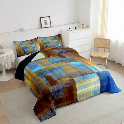 Vista 5 de Erosebridal - Juego de ropa de cama con edredón a cuadros de retazos tamaño individual, aguada geométrica en cuadrícula, conjunto retro grunge