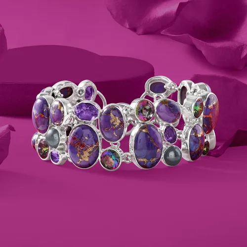 Vista 3 de Ross-Simons Pulsera de perlas cultivadas moradas de 4 a 0.315in, turquesa de cobre morado y piedras preciosas múltiples en plata de ley. 7.5