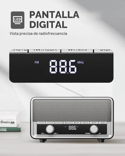 Vista 3 de Radio Bluetooth AM FM de madera retro con pantalla de tiempo
