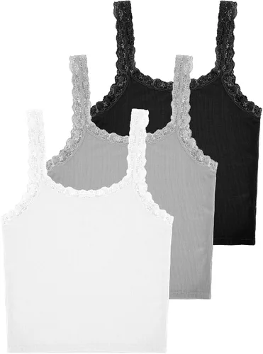 Vista 6 de Sintege Camiseta sin mangas de encaje para mujer, 3 piezas, camisola de encaje, sin mangas, con ribete de encaje, Y2K