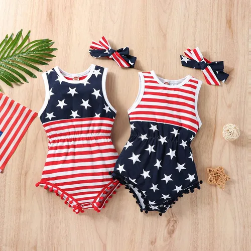 Vista 7 de LUZOZEZO Mameluco de borla con bandera americana para bebé niña pequeña con diadema