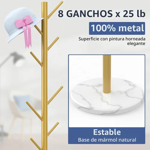 Vista 4 de Durmmur Perchero de Servicio Pesado con Base de Mármol Natural, Soporte de Abrigos de Metal Independiente con 8 Ganchos, Árbol Perchero Moderno