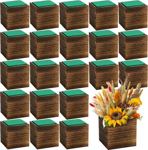 Vista 9 de Dandat Juego de 12 Macetas Cúbicas de Madera, Maceta Cuadrada de Madera Estilo Rústico con Forro de Plástico Desmontable, Bloques de Espuma Floral