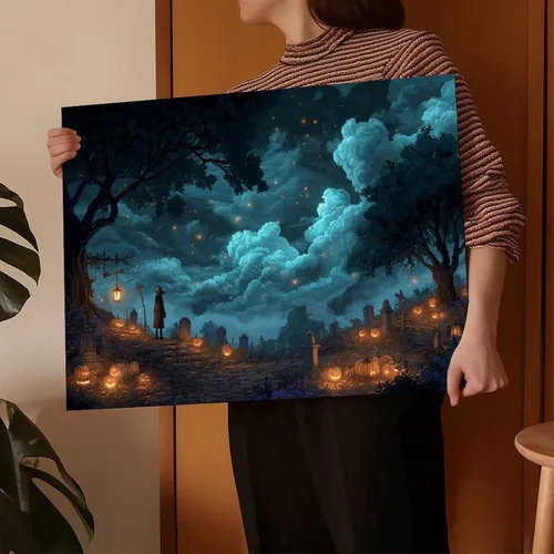 Vista 5 de JDBeehpy Spooky Halloween Cemetery Scene Wall Art Jack - O' - Lanterns Poster Mysterious Night Sky Frame Canvas Print PaintingCreepy Decor Mural