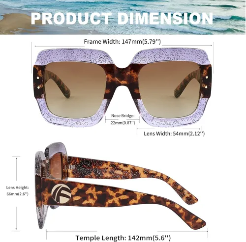 Vista 5 de Feisedy B2276 Gafas de sol cuadradas de gran tamaño con marco de brillantina multicolor