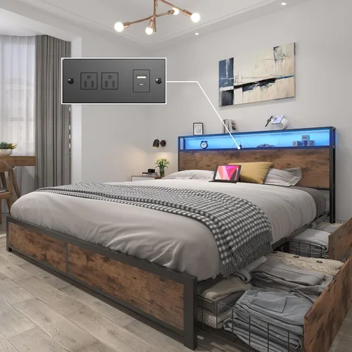 Vista 18 de Lifezone Base de cama Queen con cabecera de almacenamiento de 2 niveles, base de cama de plataforma de metal con 4 cajones de almacenamiento, gris