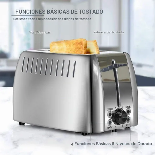 Vista 7 de Tostadora de 2 rebanadas de acero inoxidable con ranuras extra anchas con 6 ajustes de dorado, función
