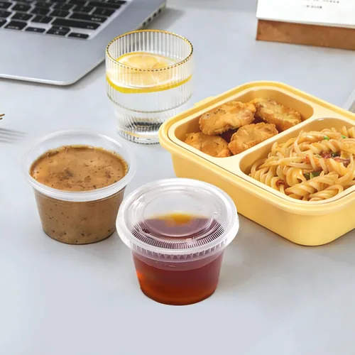 Vista 6 de Clawsoff 360 juegos de vasos desechables de plástico transparente de 4 Vasos de gelatina aptos para alimentos, pequeños recipientes de condimentos a
