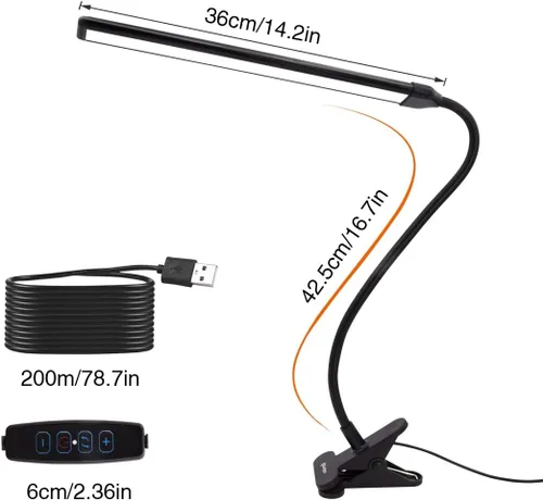 Vista 8 de Lámpara con abrazadera, luz de clip, lámparas de escritorio, 3 ajustes de temperatura de color, 10 niveles de brillo, cable USB de 6.6 ft
