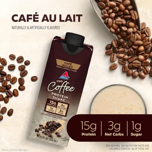 Vista 3 de Atkins Café au Lait - Batido de proteínas con sabor a café helado, batido alto en proteínas, bajo en azúcar, bajo en carbohidratos y bajo en azúcar