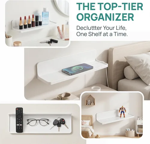 Vista 5 de Estante flotante pequeño montado en la pared para dormitorio, cocina, baño, estantes de noche para mostrar altavoces, marco de fotos, reloj, llaves