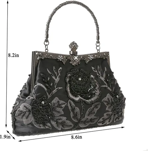 Vista 4 de Bolso de mano de estilo vintage con cuentas florales y strass para mujer, con bordado de lentejuelas, bandolera para novia, boda, fiesta