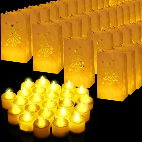 Vista 10 de Sabary Juego de 50 bolsas luminarias con velas de té sin llama, luminarias de Navidad, farol LED, bolsas para velas para cumpleaños, bodas