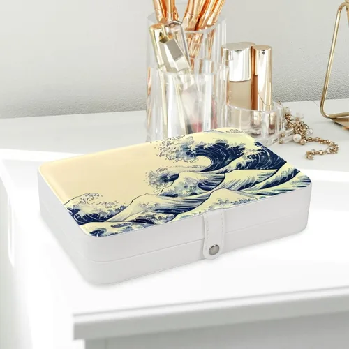 Vista 6 de Ocean Waves Retro Style Jewelry Box Necklace Ring Storage Organizer, PU Leather Jewelry case Portable Travel Jewelry Organizer for Women Girls