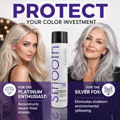 Vista 6 de KERAGEN - Acondicionador púrpura sin sulfato para neutralizar los tonos amarillos en cabello rubio y plateado con queratina, pantenol, vitaminas