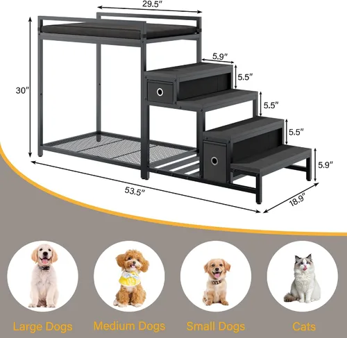 Vista 2 de kepptory Litera para mascotas con escaleras y almacenamiento, camas para perros fijadas a la cama humana, cuna para perros y gatos pequeños, Negro
