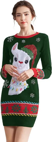 Vista 3 de v28 Vestido feo tipo suéter de Navidad para mujer, tejido, con divertido diseño de renos.