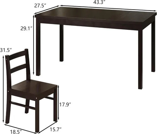 Vista 2 de Juego de mesa de comedor rectangular moderna de madera maciza de 5 piezas para 4, mesa y 4 sillas de comedor de madera maciza para cocina, bar, sala
