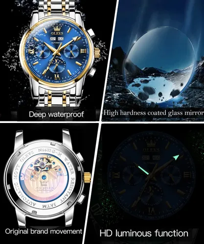 Vista 4 de OLEVS Watch Men Automatic Self Winding Watches for Men Stainless Steel Mechanical Diver Large Dial Skeleton Classic Waterproof Diamond Date Men's