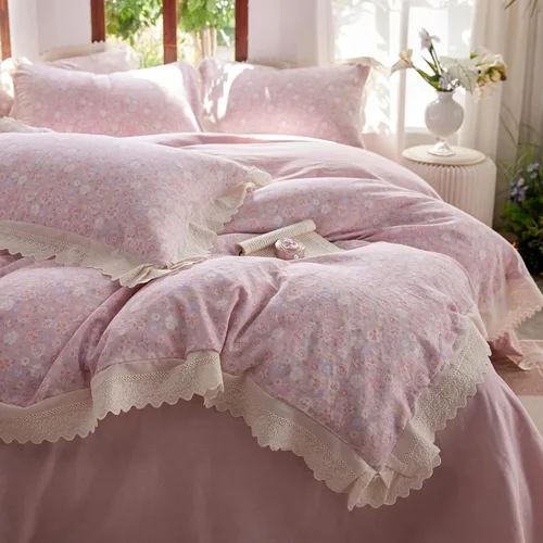 Vista 33 de Funda de edredón de flores rosadas, tamaño individual, elegante, con volantes, funda de edredón de encaje de algodón, juego de ropa de cama floral