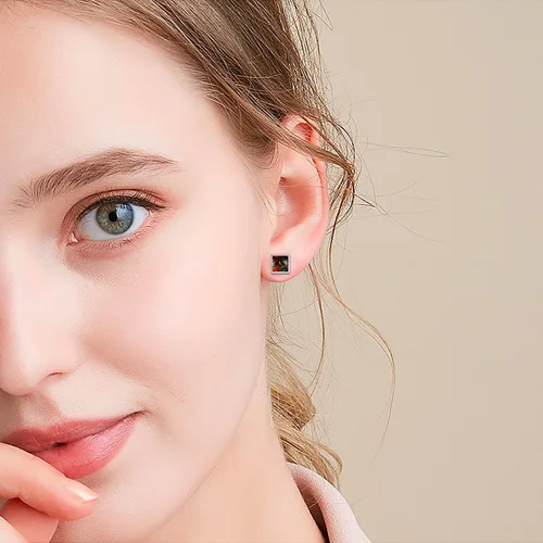 Vista 3 de Aretes de ópalo de fuego negro, plata de ley 925, aretes cuadrados negros, joyería de ópalo, regalos de cumpleaños y Navidad para mujeres, Plata