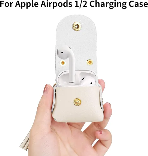 Vista 3 de MODOS LOGICOS Funda de carga para Apple Air Pods, funda de cuero genuino con un par de borlas caídas para Apple AirPods 1/2 Funda de carga - Beige