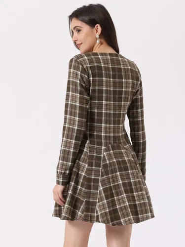 Vista 4 de Allegra K Vestido de Navidad a cuadros para mujer, de manga larga, con botones, con cinturón