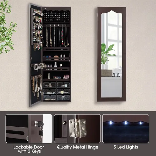 Vista 4 de HAPPYGRILL Armario de joyería montado en la pared, organizador de joyas con cerradura con espejo de longitud completa, 6 cajones y 5 LED, armario