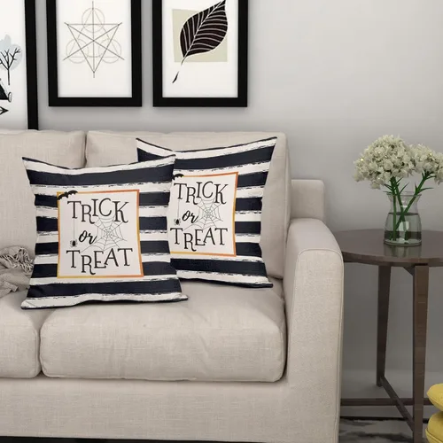 Vista 6 de Kawani Juego de 2 fundas de almohada de Halloween con diseño de truco o trato de 16 x 16 pulgadas, diseño de rayas blancas y negras, fundas