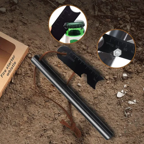 Vista 5 de BCHARYA Fire Starter Survival Tool, Ferro Rod Kit with Leather Neck Lanyard and Multi-Tool Striker, Flint and Steel Survival Igniter with Tinder