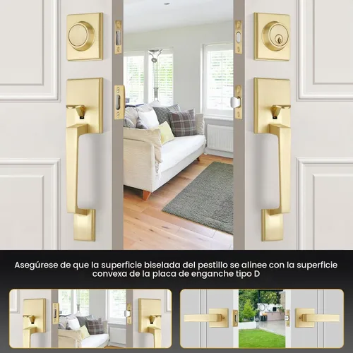Vista 7 de EHOMEWARE - Juego de manijas de puerta delantera doble de latón, manija de puerta de latón cuadrado resistente en oro y cerradura de un solo