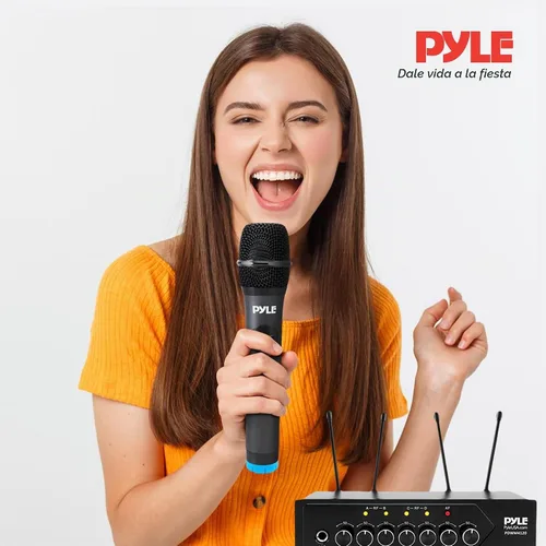 Vista 2 de Pyle Micrófonos inalámbricos, micrófonos duales UHF profesionales para karaoke, sistema de micrófono dinámico inalámbrico con receptor recargable